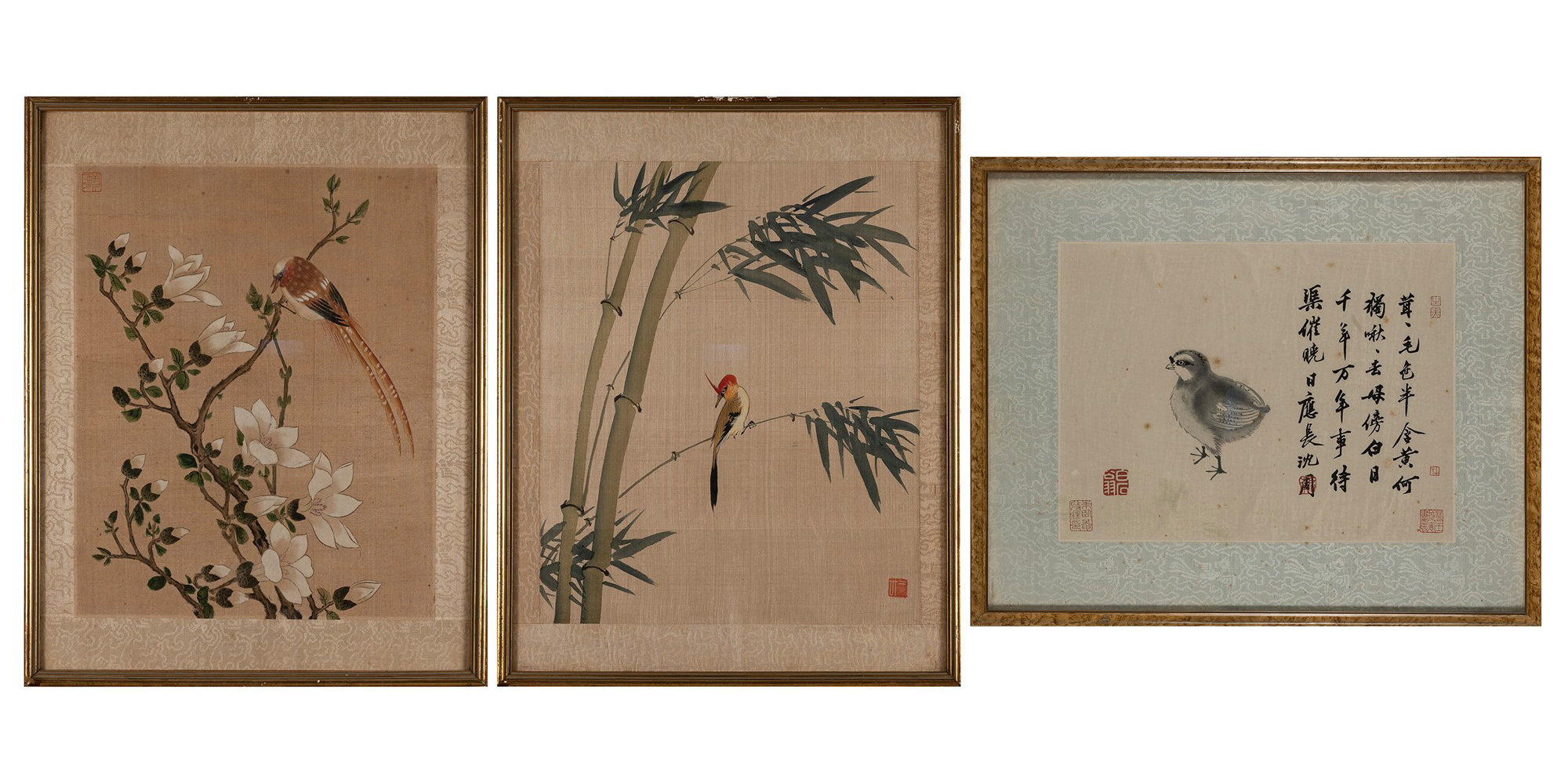 Lot consisting of two paintings on silk and one on paper, China, 20th century