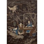 An embroidered silk panel decorated with a scene of court, Edo period Japan