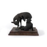 Bronze sculpture depicting a fawn nursing a child, 20th century