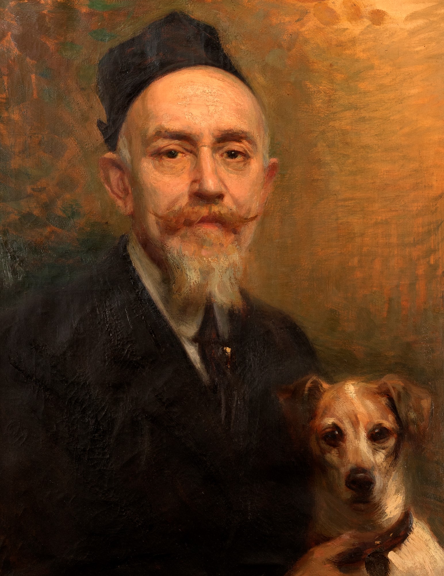 Scuola italiana, inizi secolo XX - Portrait of an elderly gentleman with a small dog