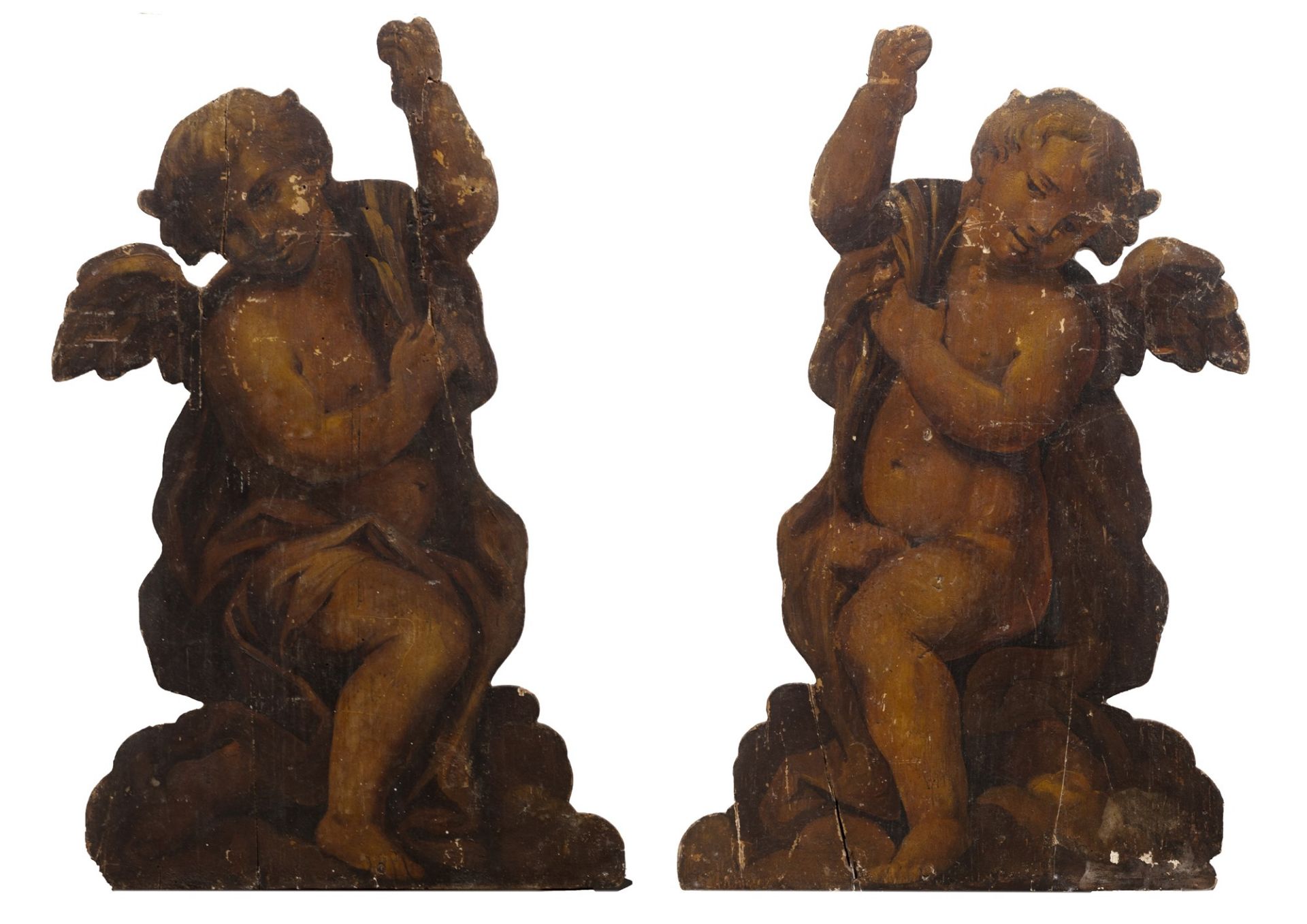 Pair of ancient polychrome wooden sculptures depicting angels