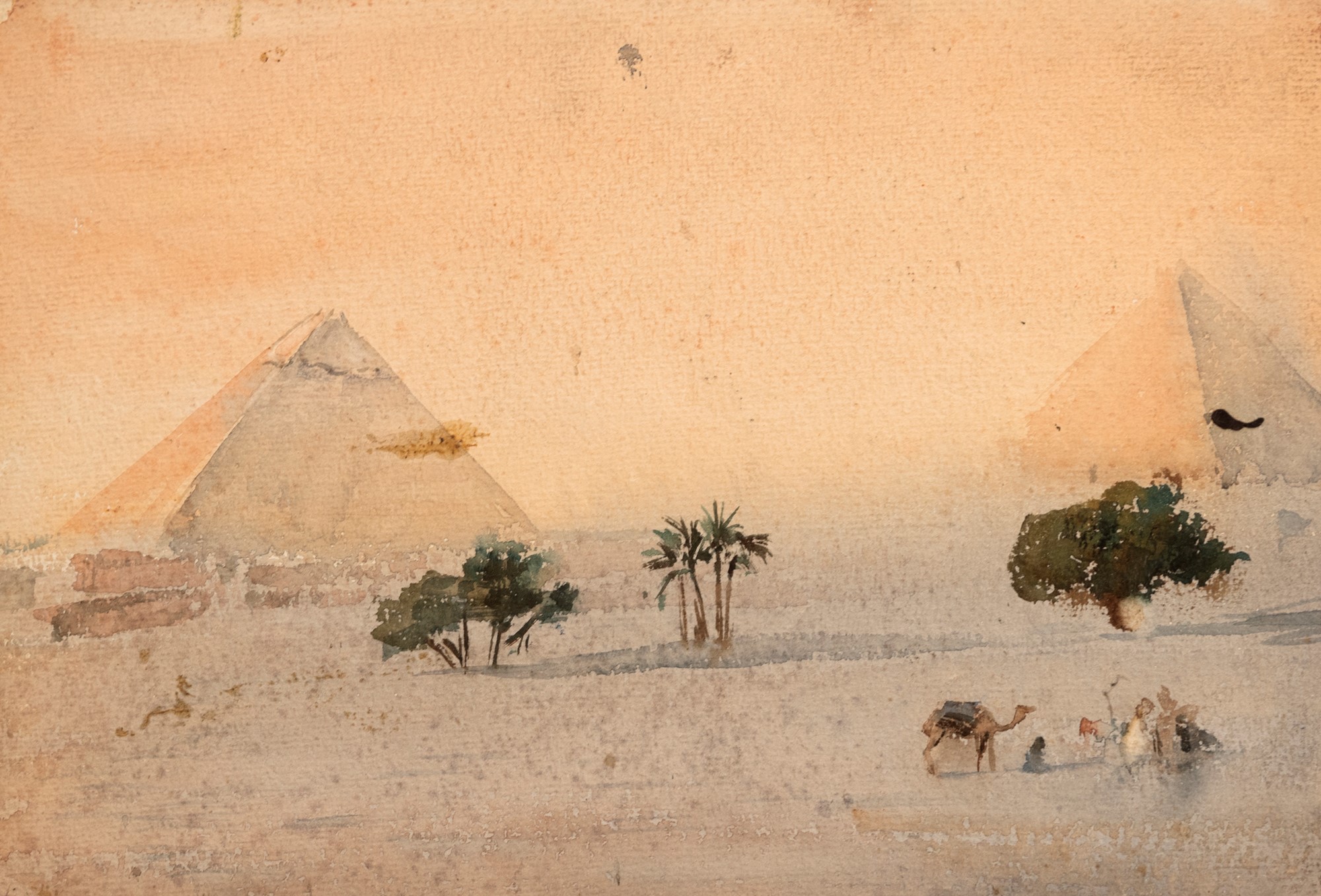 Scuola europea, secolo XIX - Orientalist view with Bedouins and pyramids in the distance