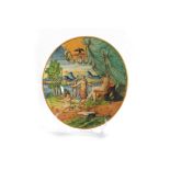 Historiated plate in polychrome majolica depicting Venus, Satyr and Cupid