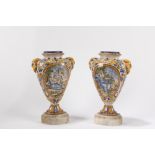 Pair of polychrome majolica vases, in the Giustiniani style, late 19th century