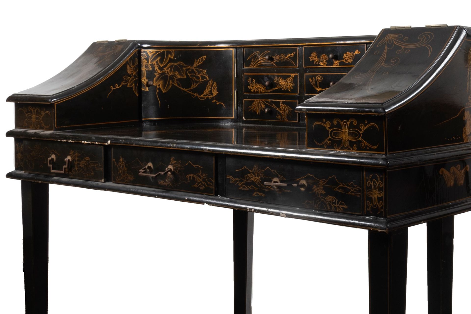 Carlton House desk in black lacquered wood decorated with Chinoserie, early 20th century - Image 3 of 6