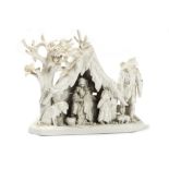 Sculptural group in white porcelain depicting a peasant family in winter, late 19th century - early