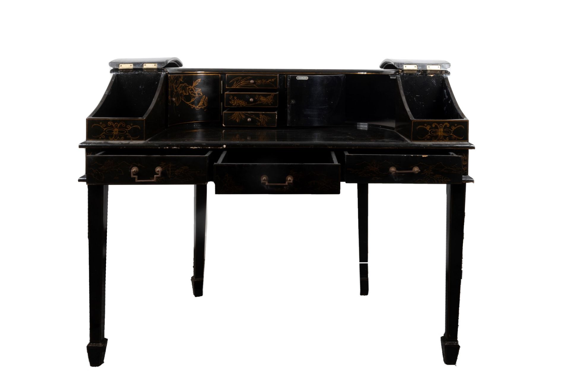 Carlton House desk in black lacquered wood decorated with Chinoserie, early 20th century - Image 2 of 6