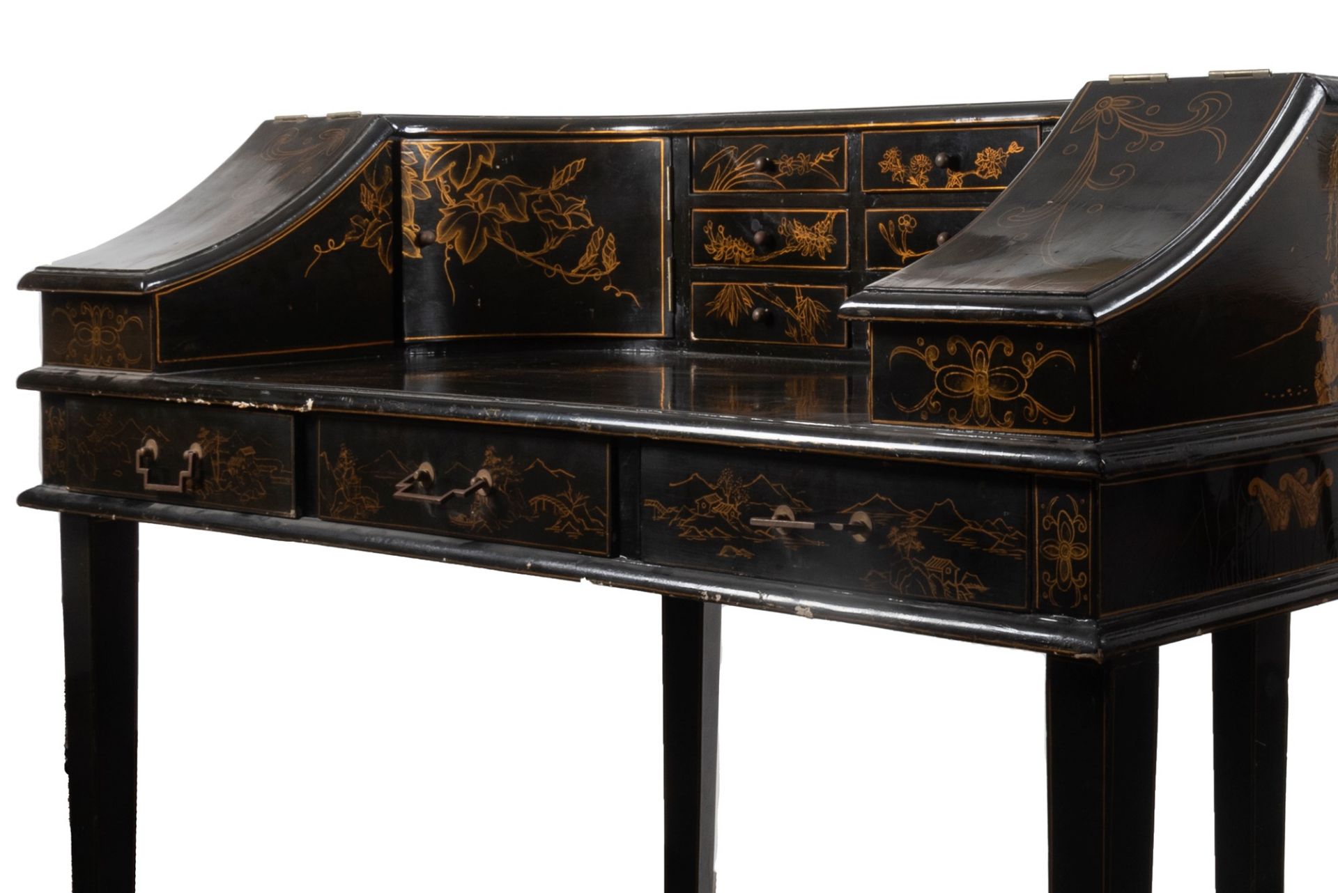 Carlton House desk in black lacquered wood decorated with Chinoserie, early 20th century