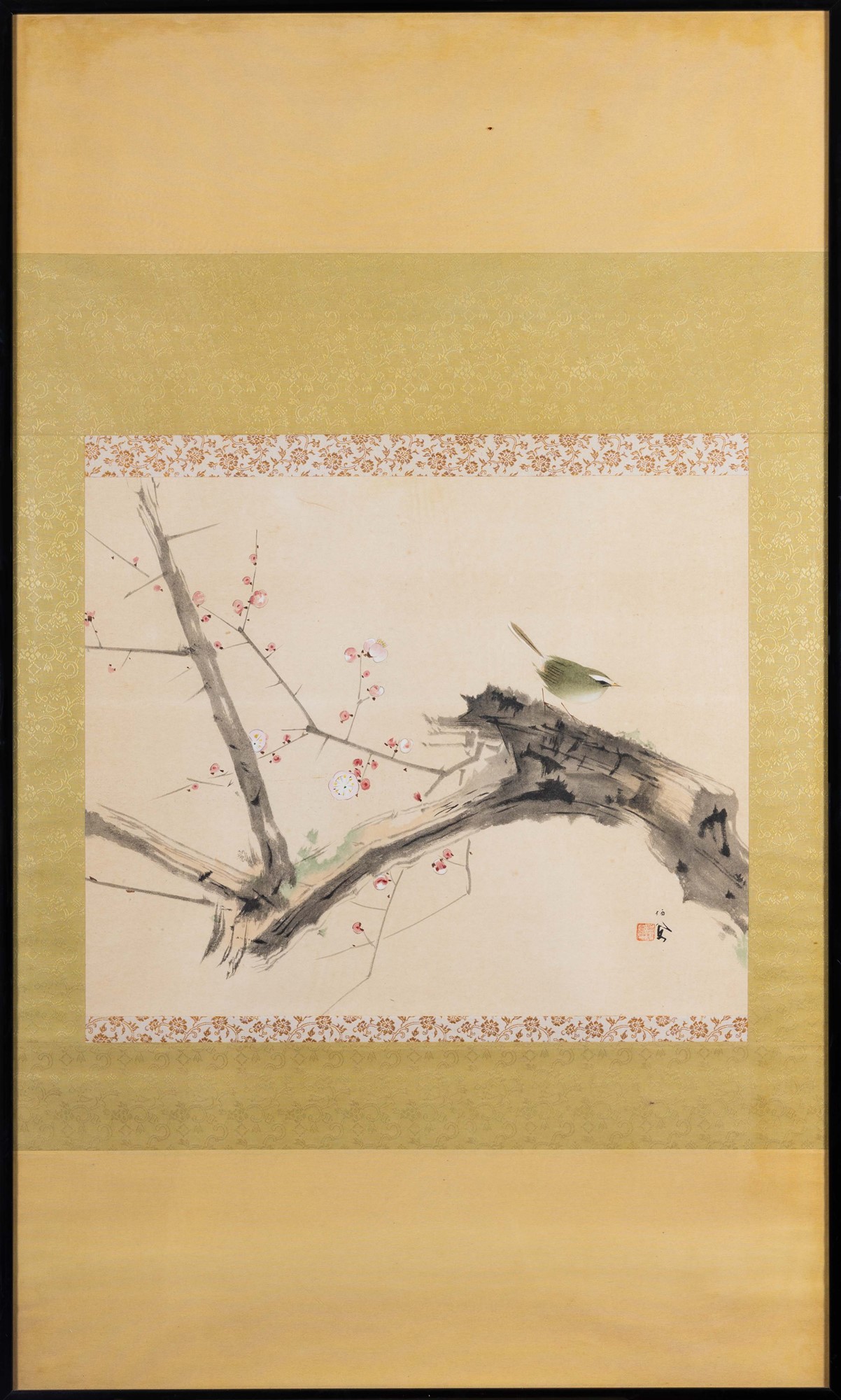 Painting on paper depicting a bird on a flowering branch, China, 20th century