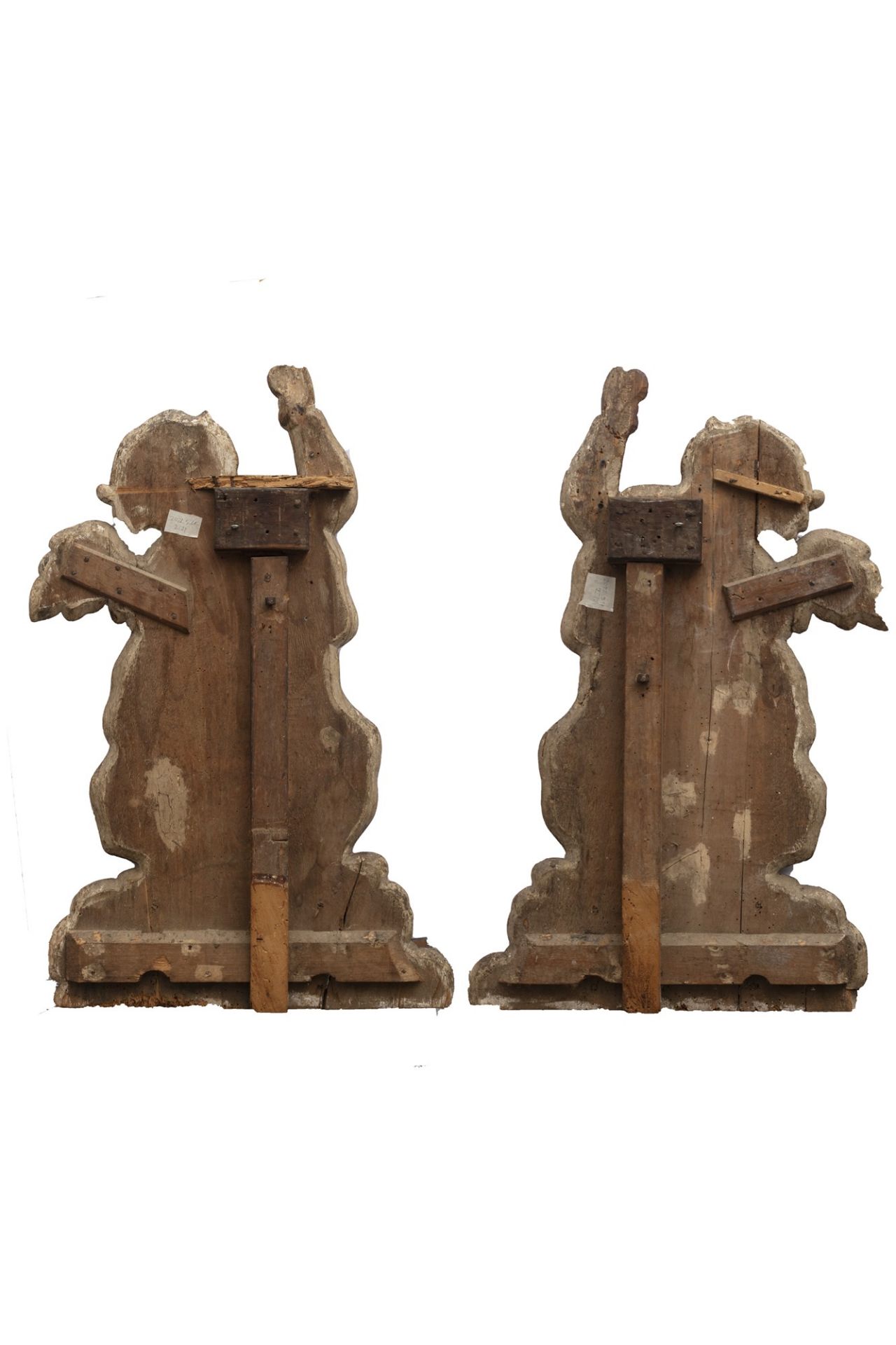 Pair of ancient polychrome wooden sculptures depicting angels - Image 2 of 4