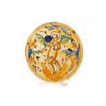 Antique polychrome majolica plate with an angel in the centre