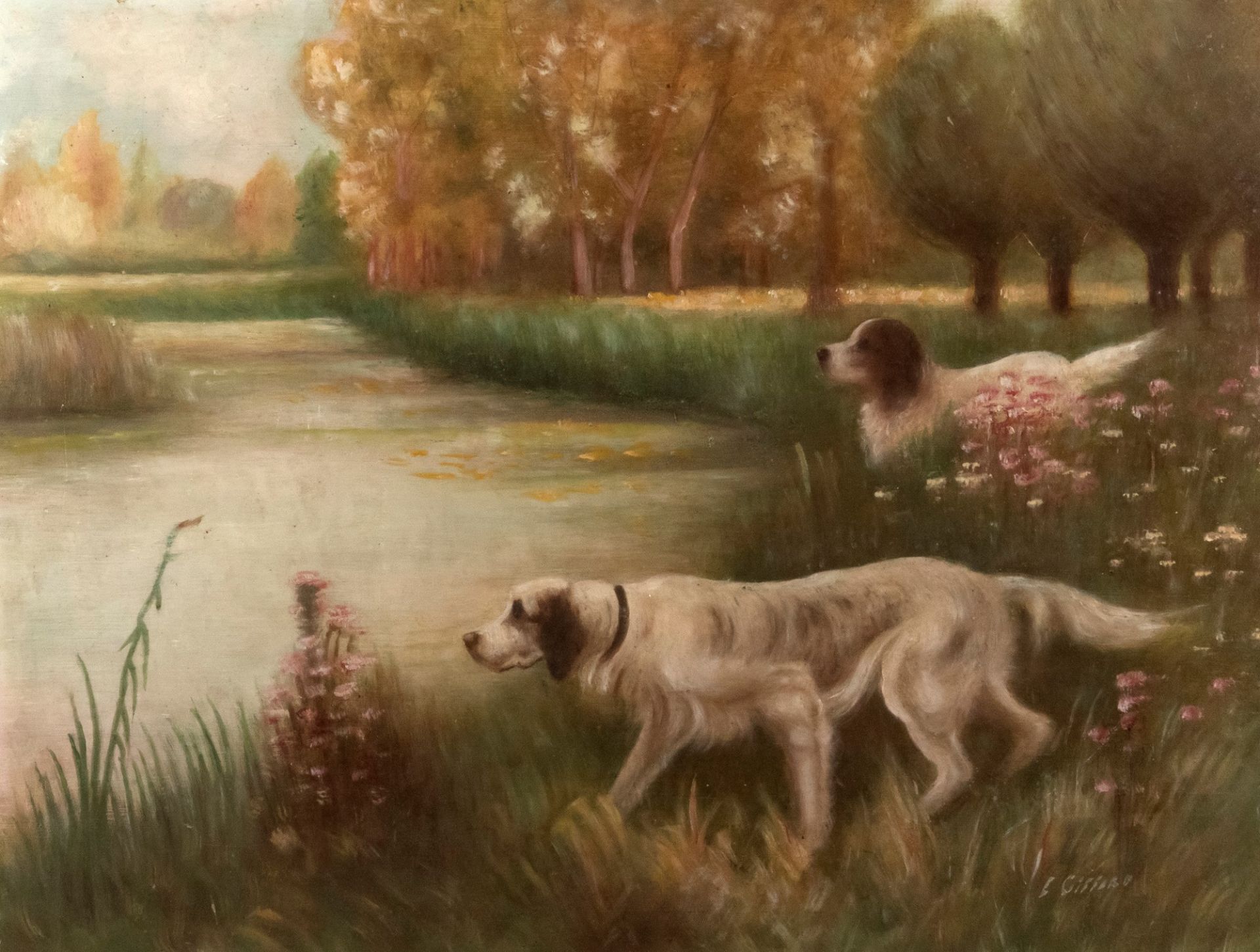 Scuola francese, secolo XX - Pointing dogs at a pond