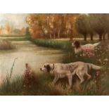 Scuola francese, secolo XX - Pointing dogs at a pond