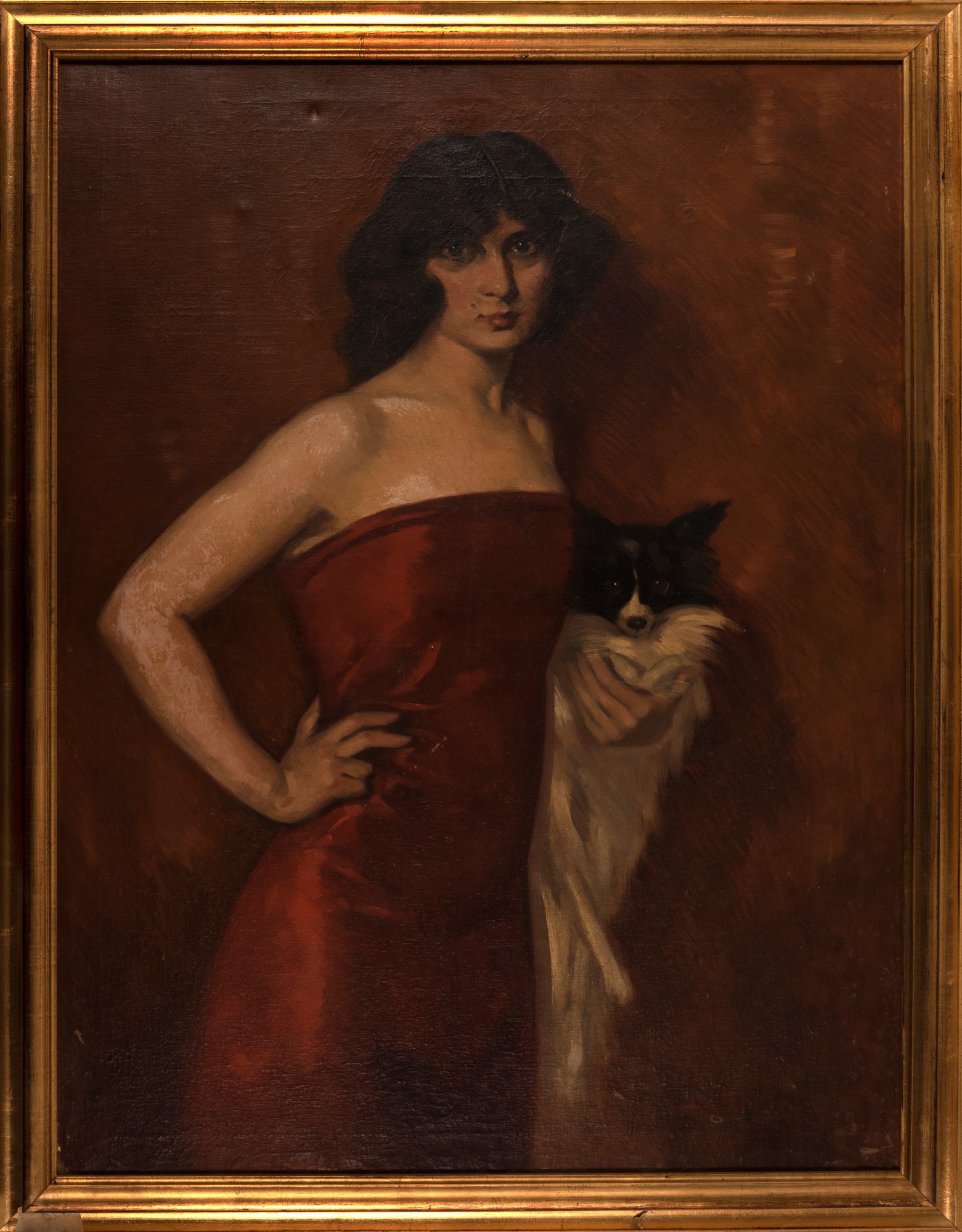 Scuola italiana, inizi secolo XX - Portrait of a lady in a red dress with a little dog - Image 3 of 3