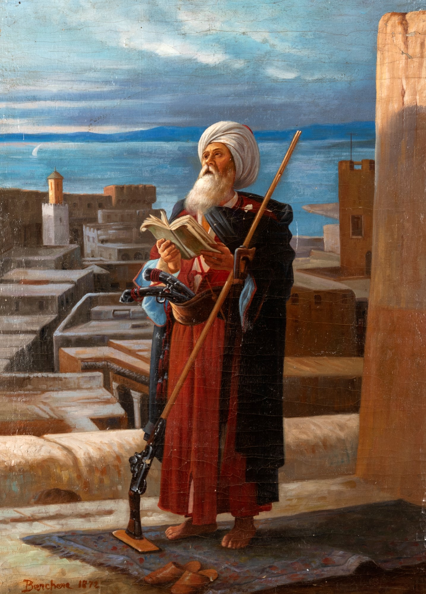 Scuola francese, secolo XIX - Male figure with turban and view of an oriental city in the distance