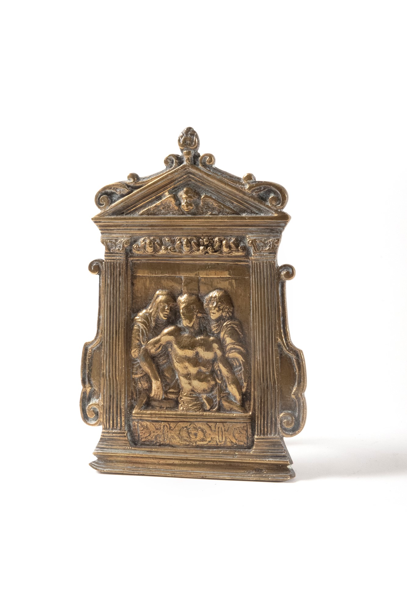 Bronze Pace depicting Pietà, within a small temple frame, 17th century