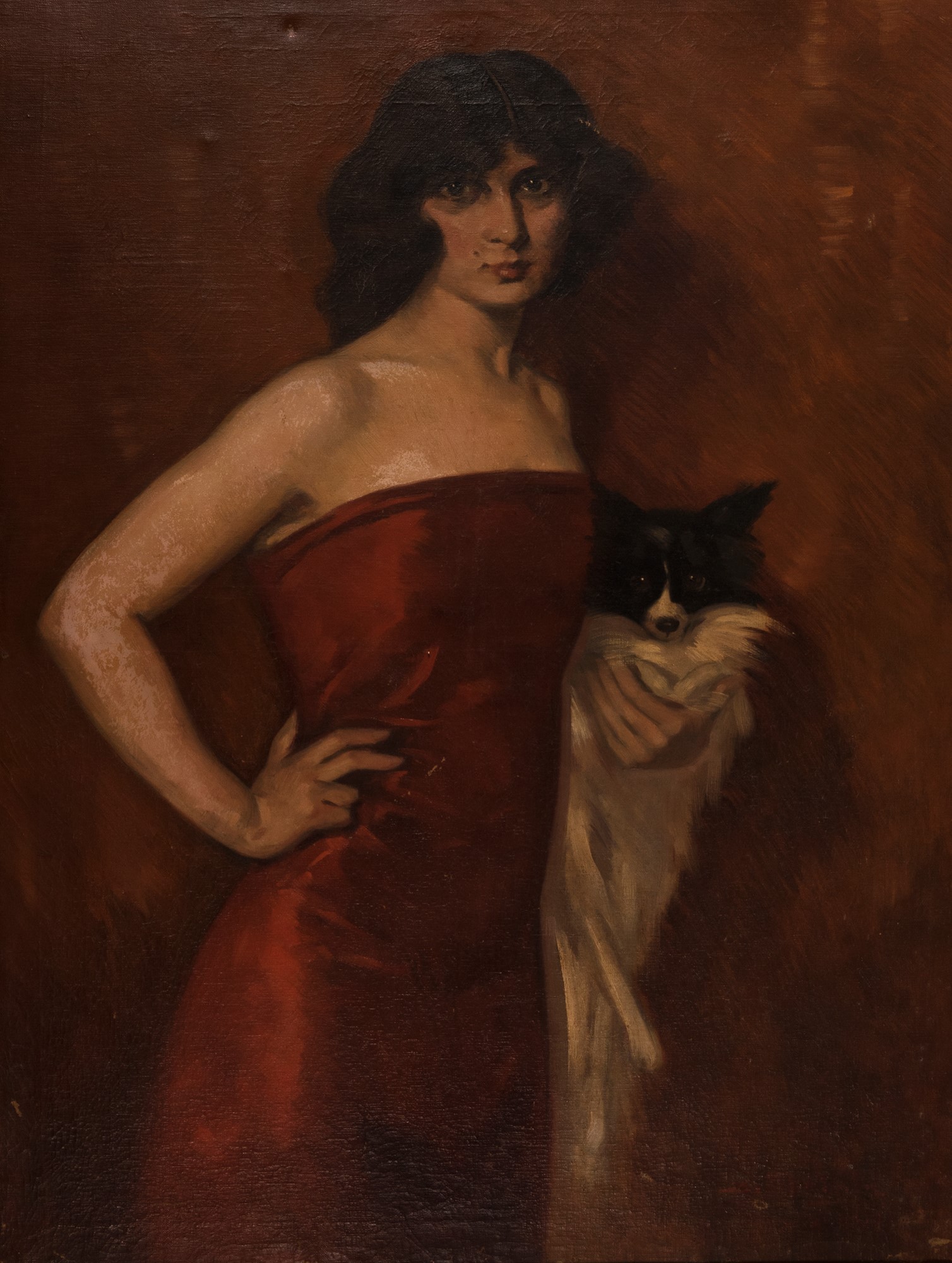 Scuola italiana, inizi secolo XX - Portrait of a lady in a red dress with a little dog