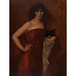 Scuola italiana, inizi secolo XX - Portrait of a lady in a red dress with a little dog