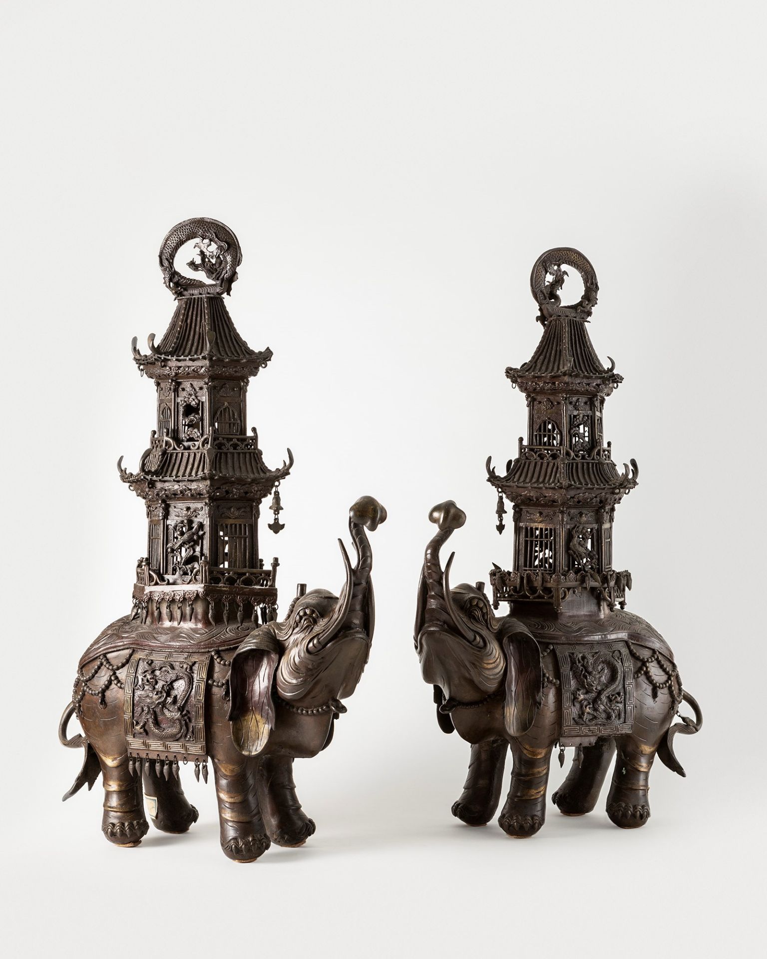 A pair of large bronze elephant-shaped censers. China, 19/20th century