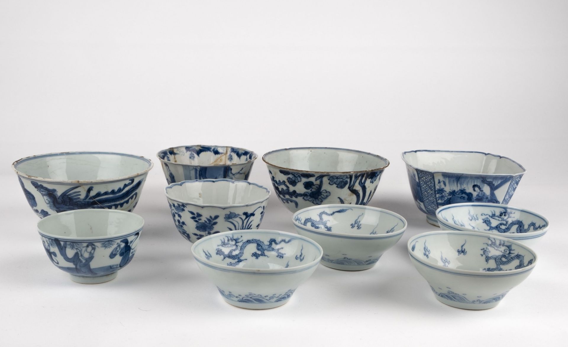 A group of ten Chinese blue and white bowls