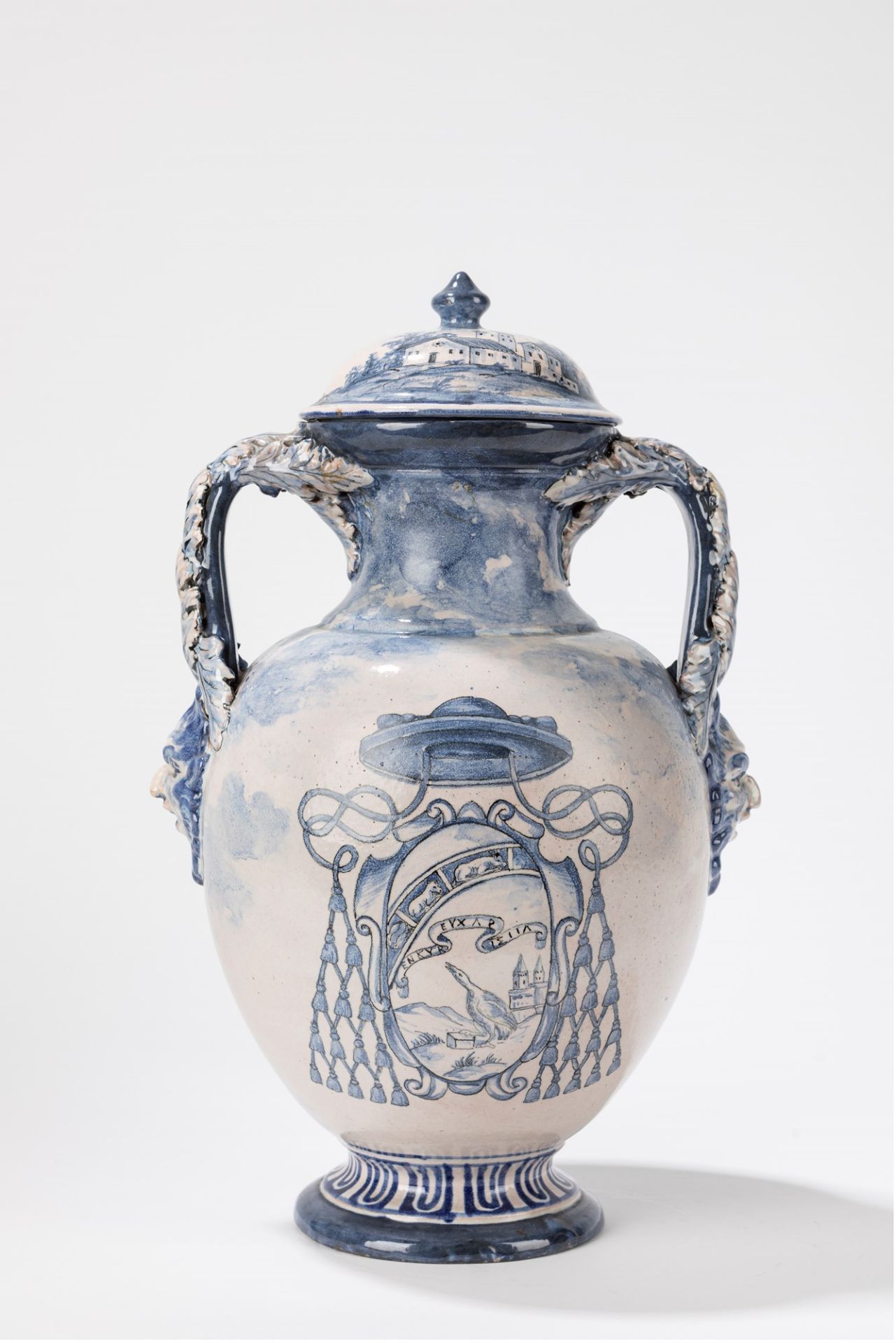 Two-handled vase in white and blue ceramic from Savona. 19th century