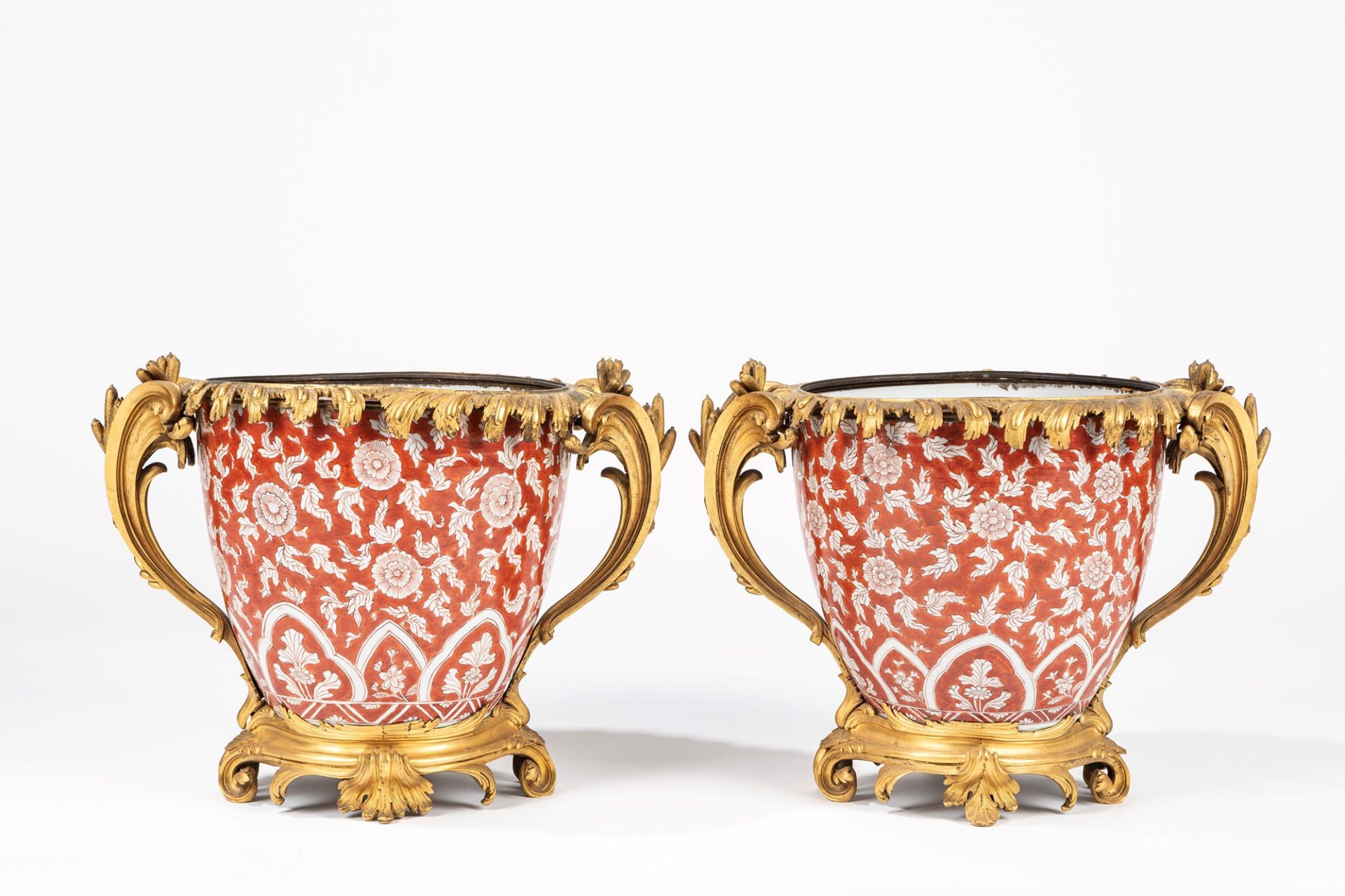 A pair of large gilt-mounted jardinieres, the porcelain Kangxi period, the mounts 19th c.
