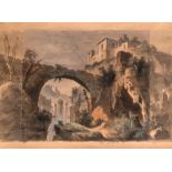 Scuola italiana, seconda metà del secolo XIX - View of village with waterfall and bridge (Tivoli?)