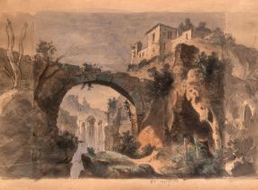 Scuola italiana, seconda metà del secolo XIX - View of village with waterfall and bridge (Tivoli?)