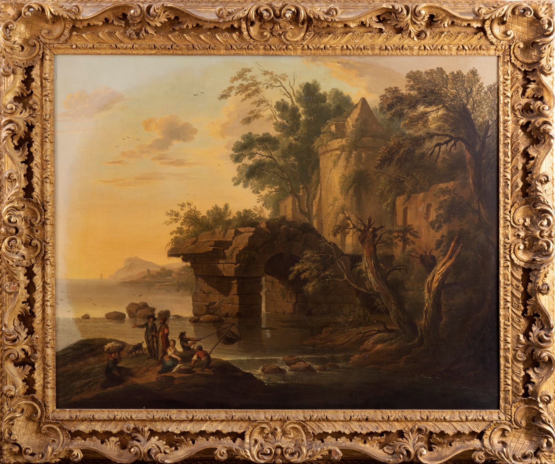 Scuola francese, secolo XVIII - Coastal Landscape with Architectural capriccio and Fishermen - Image 3 of 3