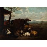 Pieter van Bloemen, detto lo Stendardo (Anversa 1657-1720) - Shepherd at rest in the Roman countrys