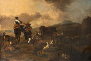 Pittore fiammingo attivo in Italia, secolo XVII - Landscape with shepherds and herds