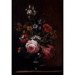 Scuola fiamminga, secolo XVII - Roses, daffodils, bluebells and other flowers in a vase