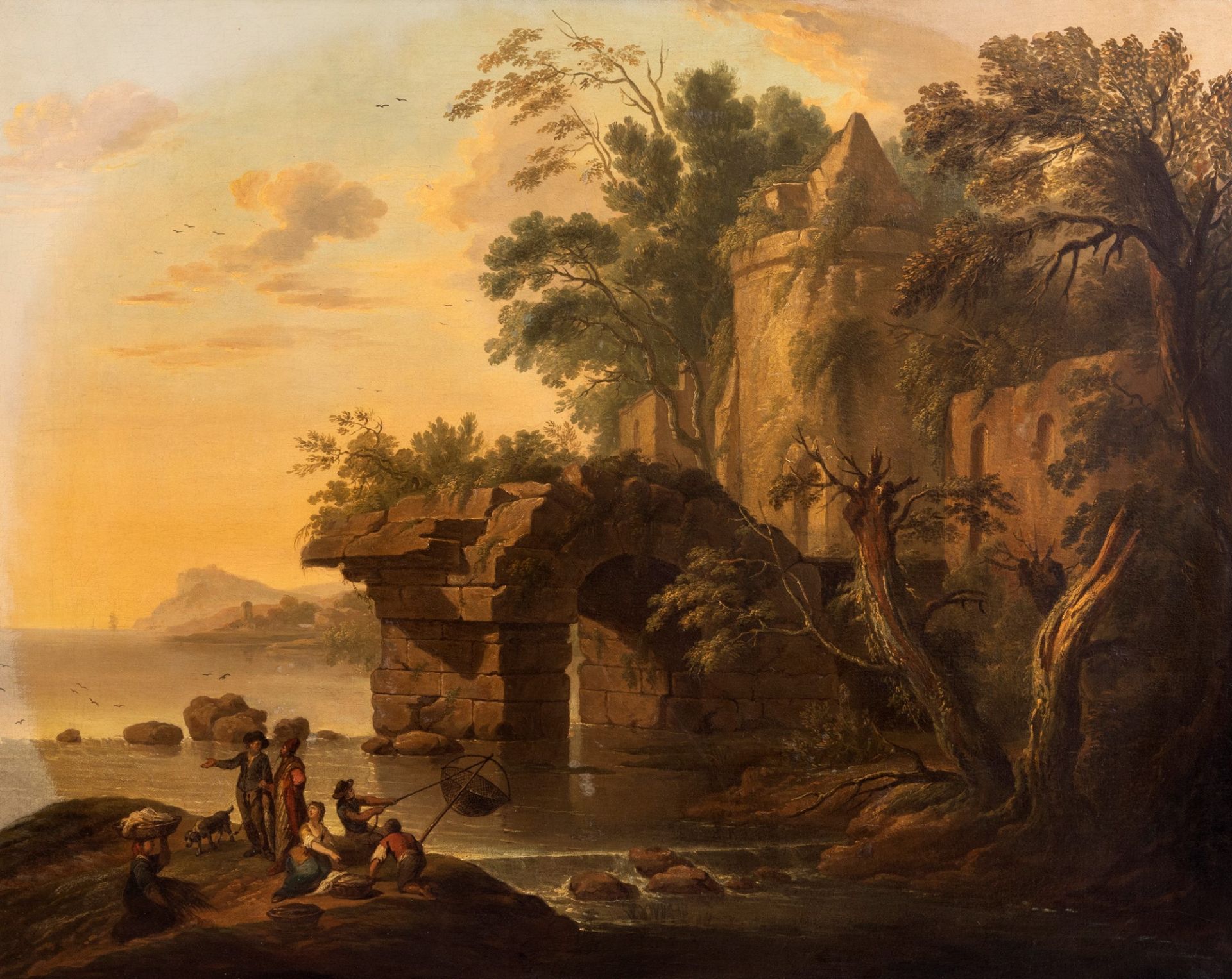 Scuola francese, secolo XVIII - Coastal Landscape with Architectural capriccio and Fishermen