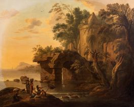 Scuola francese, secolo XVIII - Coastal Landscape with Architectural capriccio and Fishermen