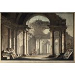 Cerchia di Hubert Robert (Parigi 1733 – 1808) - Architectural capriccio with bystanders