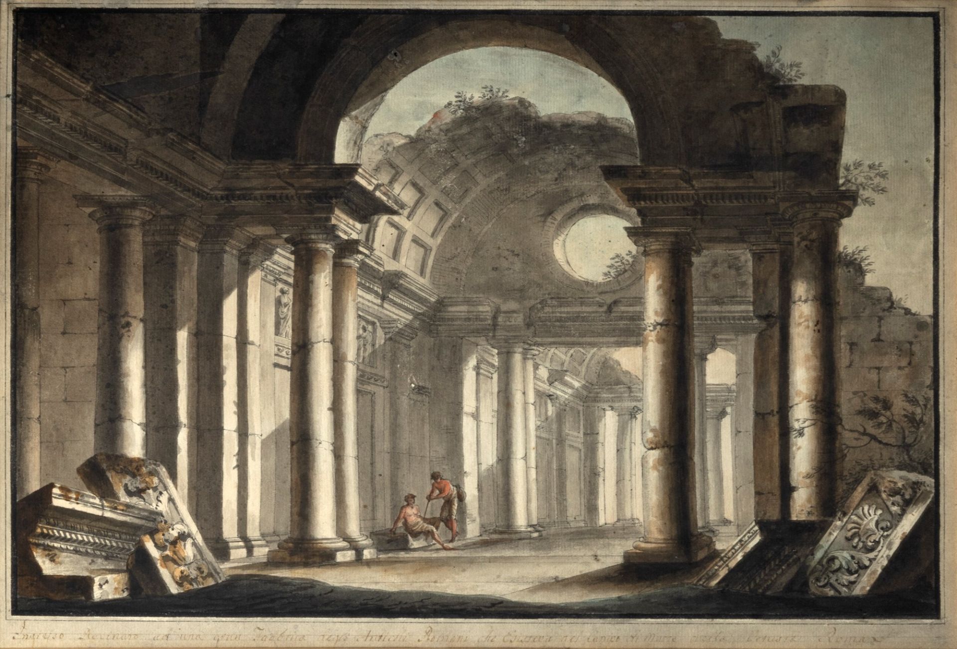 Cerchia di Hubert Robert (Parigi 1733 – 1808) - Architectural capriccio with bystanders