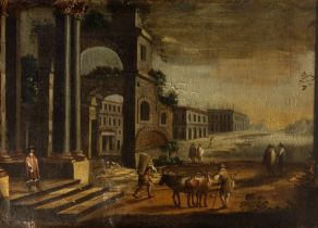 Scuola italiana, secolo XVII - Architectural capriccio with wayfarers