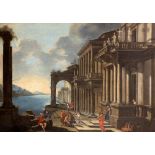 Scuola dell'Italia centrale, secolo XVII - Architectural Capriccio with Coastal View and Figures