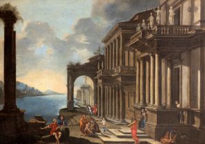 Scuola dell'Italia centrale, secolo XVII - Architectural Capriccio with Coastal View and Figures