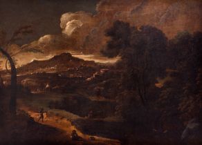 Cerchia di Gaspard Dughet (Roma 1615 - 1675) - River landscape with fishermen, bystanders and villa