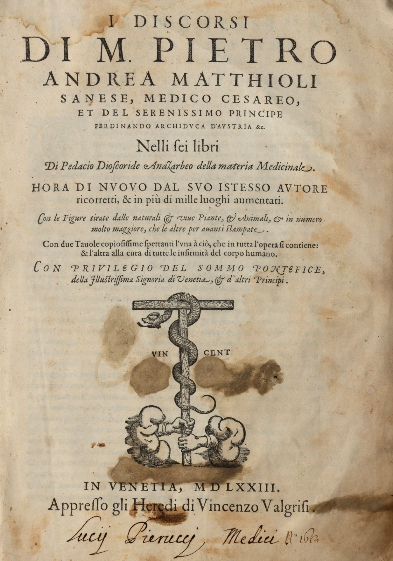 Botany - Medicine - Mattioli, Pietro Andrea - The discourses [...] in the six books of Pedacio Diosc
