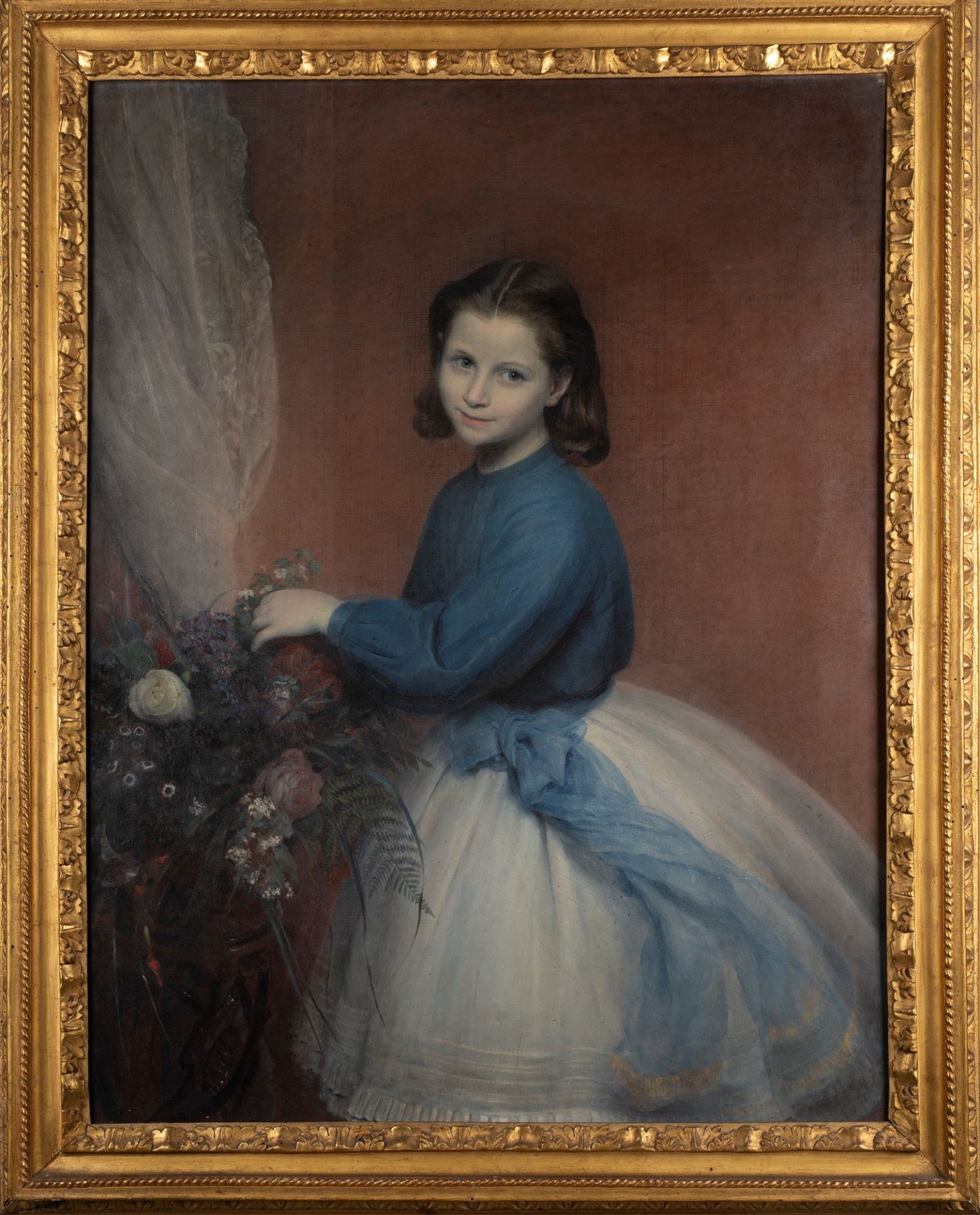 European School of the nineteenth century - Portrait of little girl with bouquet of flowers - Image 2 of 3