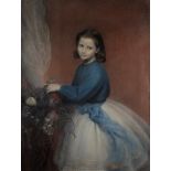 European School of the nineteenth century - Portrait of little girl with bouquet of flowers