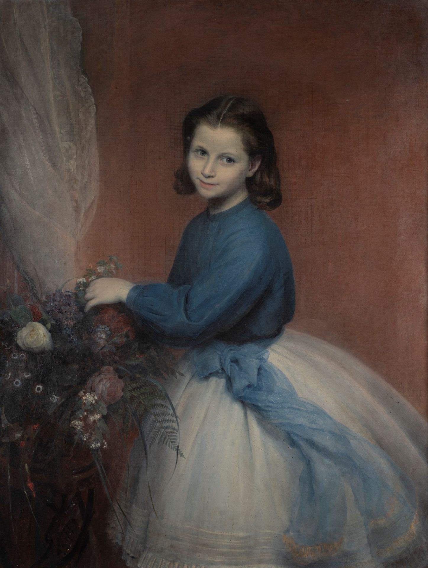 European School of the nineteenth century - Portrait of little girl with bouquet of flowers