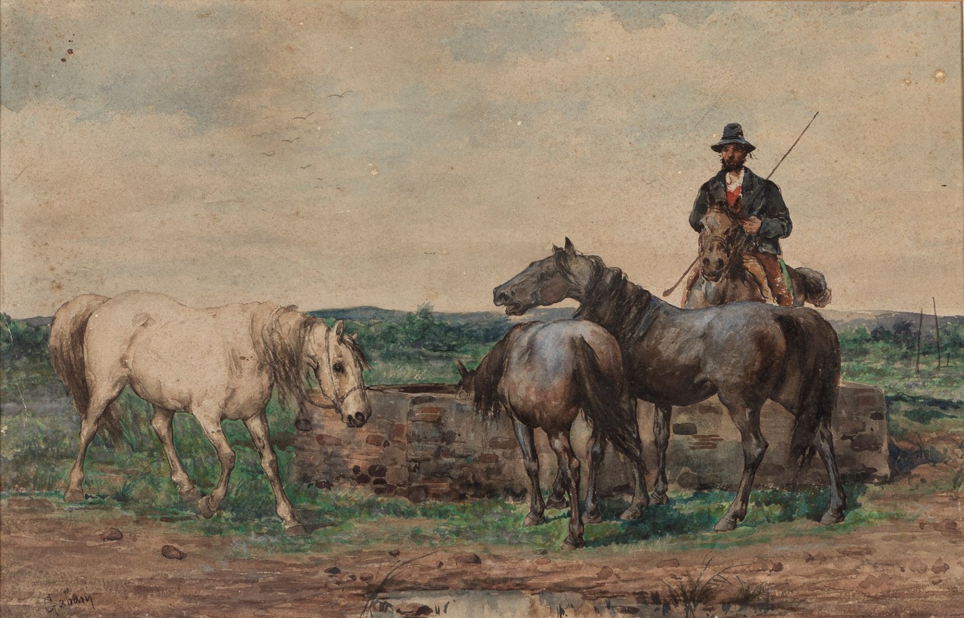 Giuseppe Gabani (Senigallia 1846-Roma 1900) - Horses in the Roman Campagna