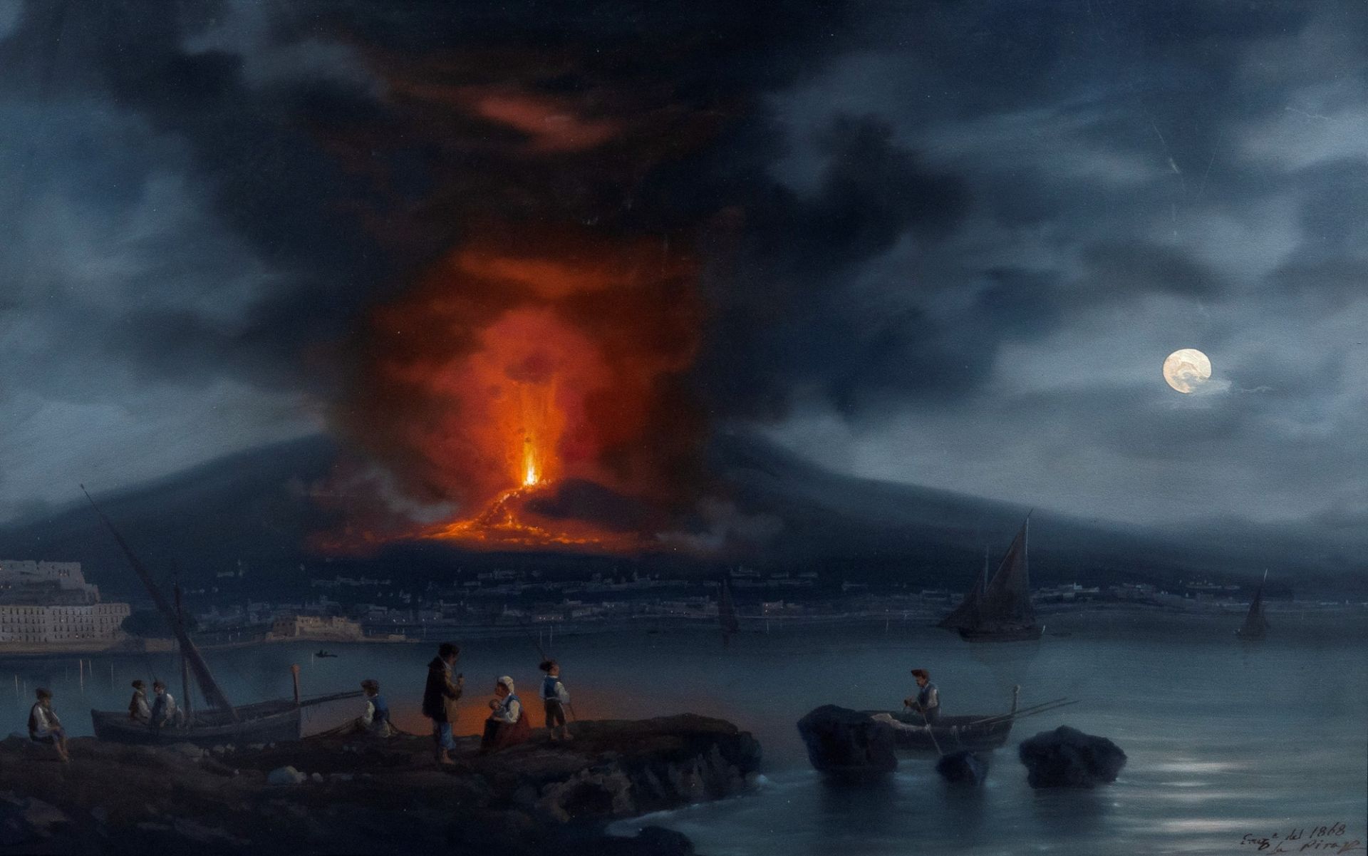 Gioacchino La Pira (active between 1839 and 1875) - Night with Vesuvius eruption of 1868