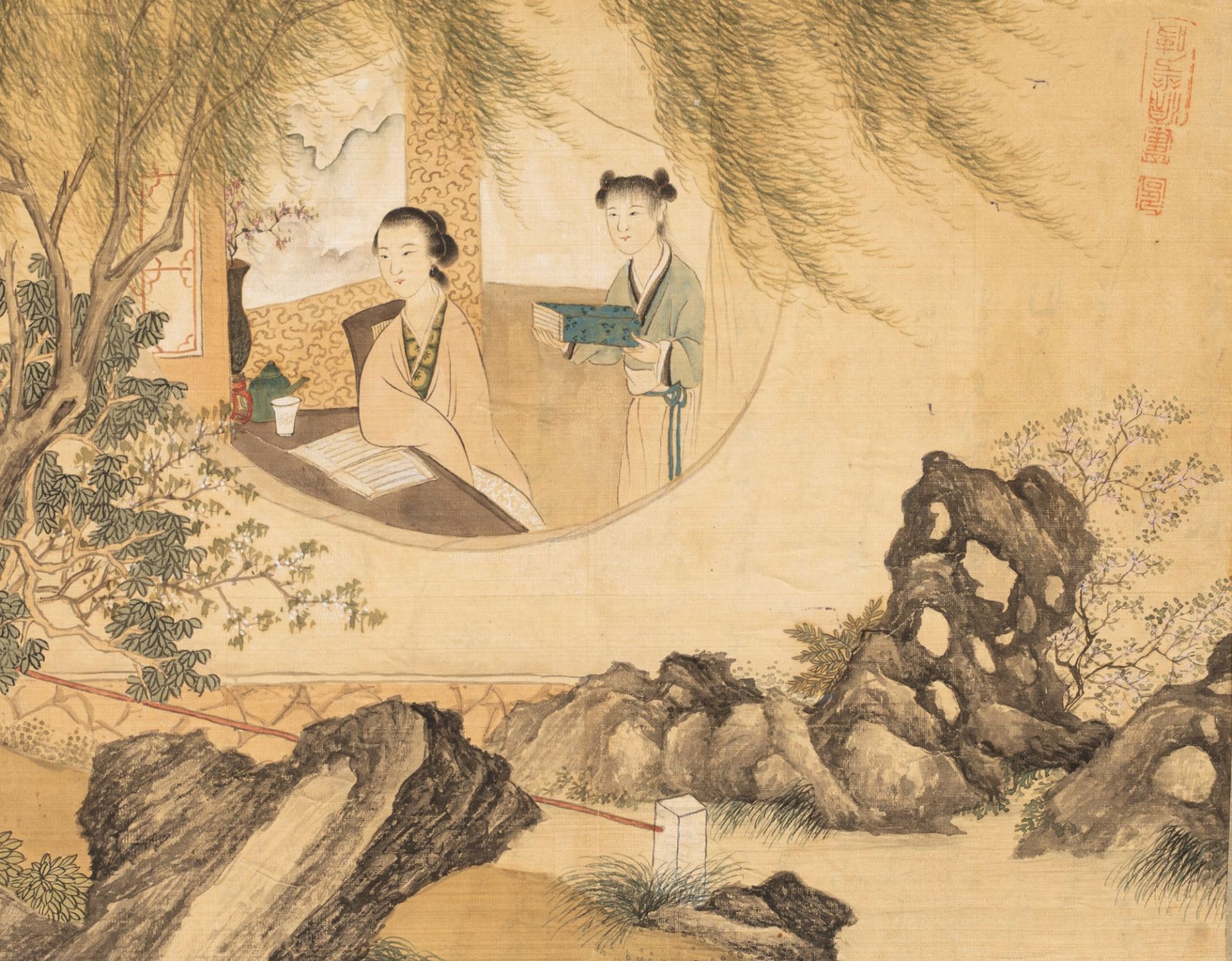 Oriental painting on silk representing a garden with two women at the window, 19th century