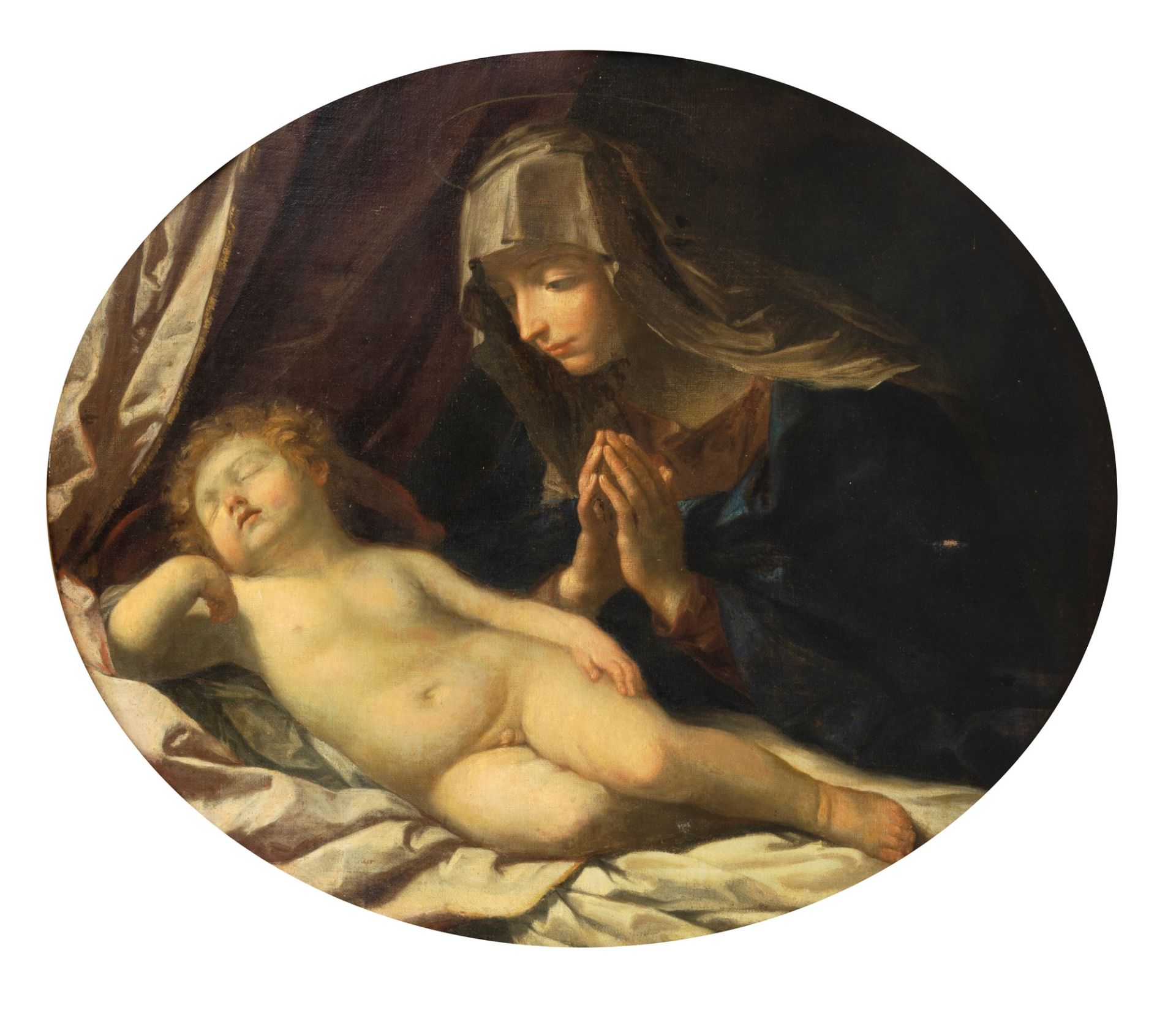 Emilian school, XVII century, after Guido Reni - Madonna in adoration of the sleeping Child