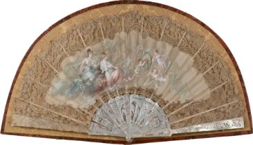 Fan with lace depicting a romantic scene, 19th century