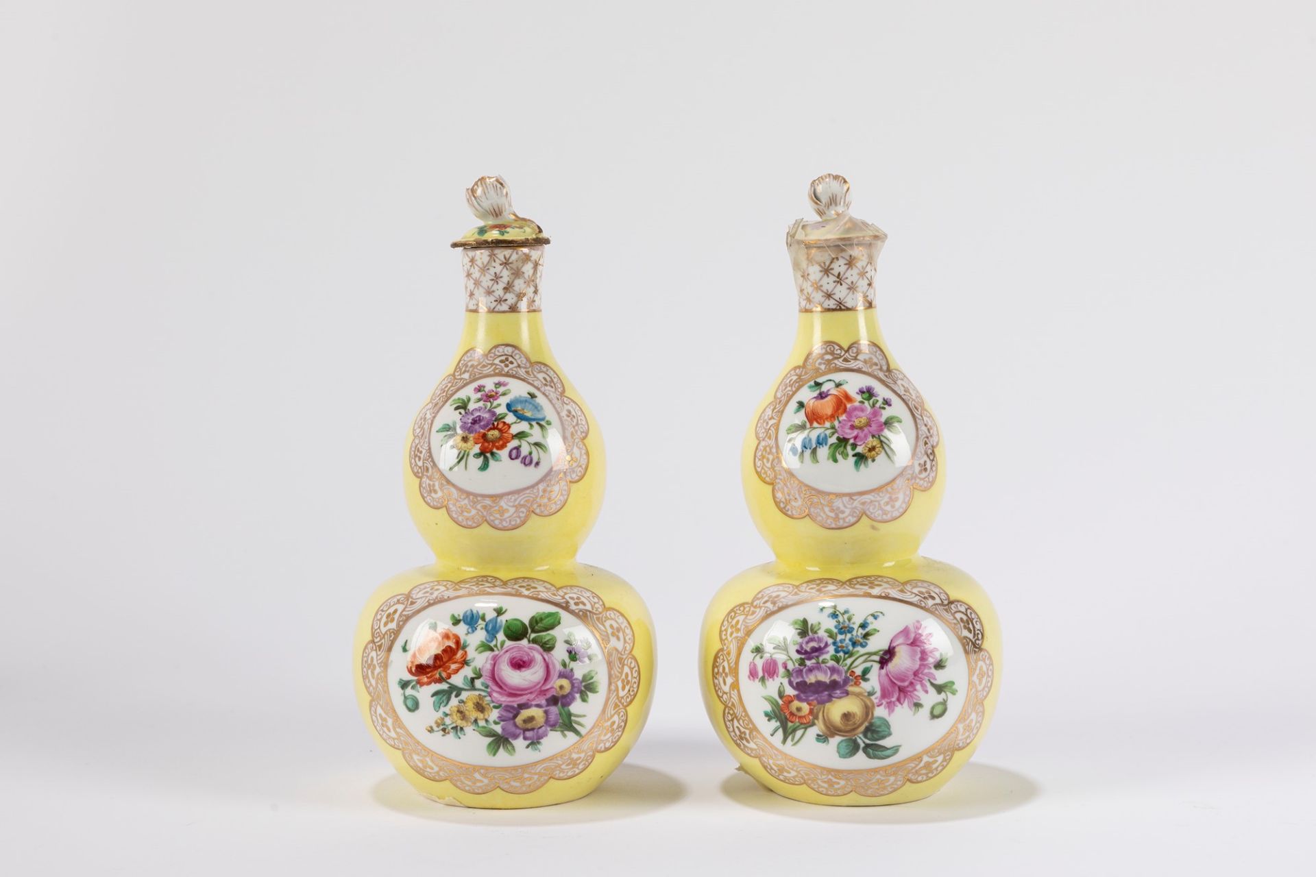 Pair of double gourd vases in yellow porcelain; early 20th century